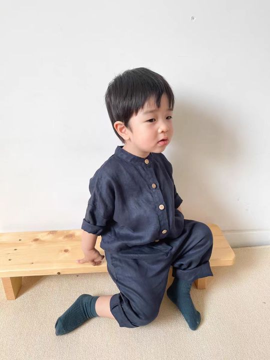 Fall Unisex Solid Color Casual Woven Linen Button Long Sleeve Baby Romper Jumpsuit