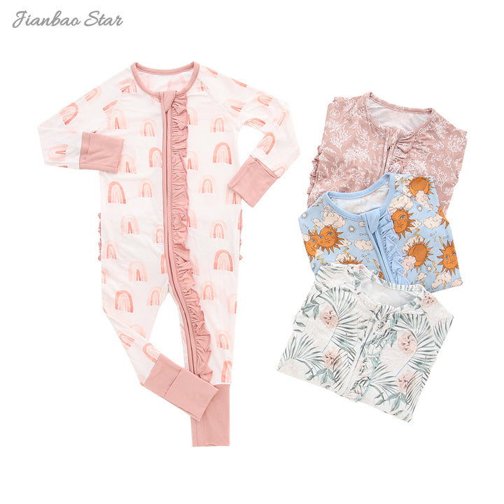 New Soft Baby Clothing Baby Boys Girls Jumpsuit Bamboo Viscose Spandex Custom Printed Sleepsuit Baby Ruffle Zipper Romper