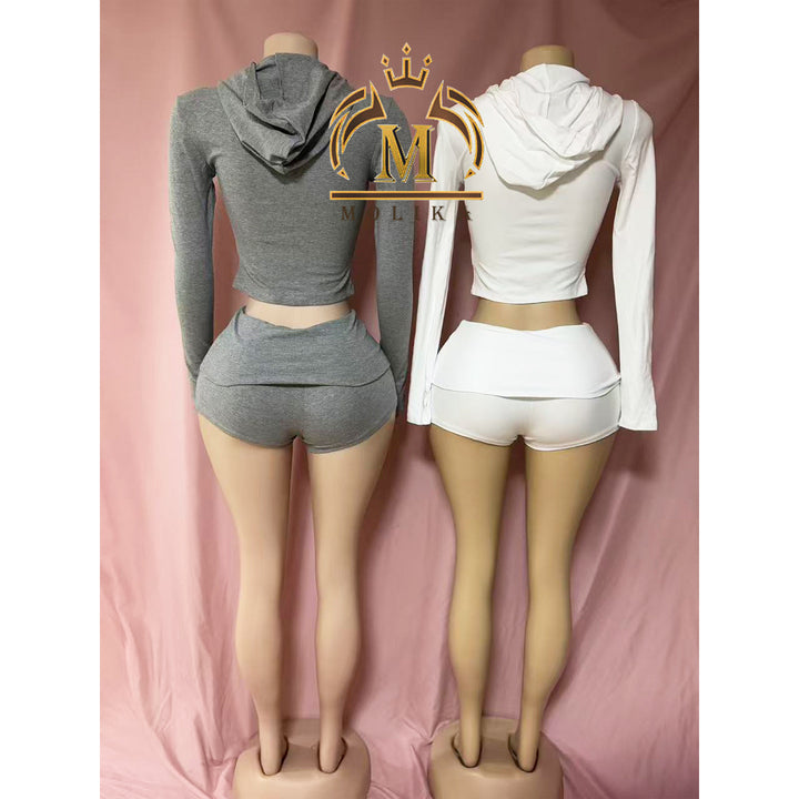 New Arrivals Women Outfits Ribbed Hooded Crop Jacket+Shorts 2 Piece Lady Y2k Two Piece Hooded Shorts Set Fall Women Clothing