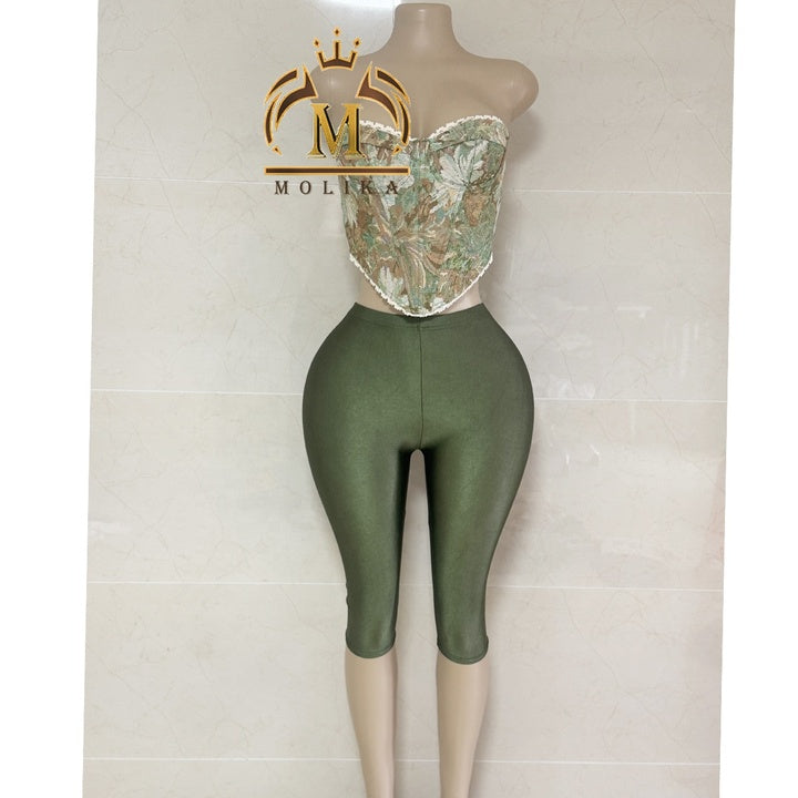 New Summer Women Shorts Set Print Corset Crop Top and Stain Shorts 2 Piece Set Y2k Corset Two Piece Set Women Clothing