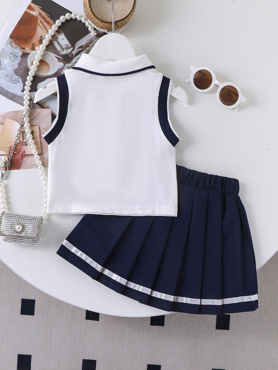 Cheap Price Children Clothes Explosive Model Casual Children Girls' Sleeveless Polo T-shirt & Blue Pleated Skirt 2 Pieces