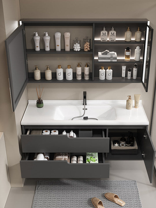 Modern Bathroom Vanity Cabinet with LED Touch Illuminate Mirror Wall-Mounted Ceramic Basin Eco-Friendly Apartment & Kitchen Use