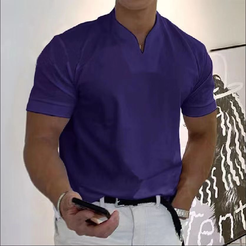 Muscular men's fitness plus-size sports t-shirt men's stretch cotton pocket short-sleeved summer V-neck Polo shirt