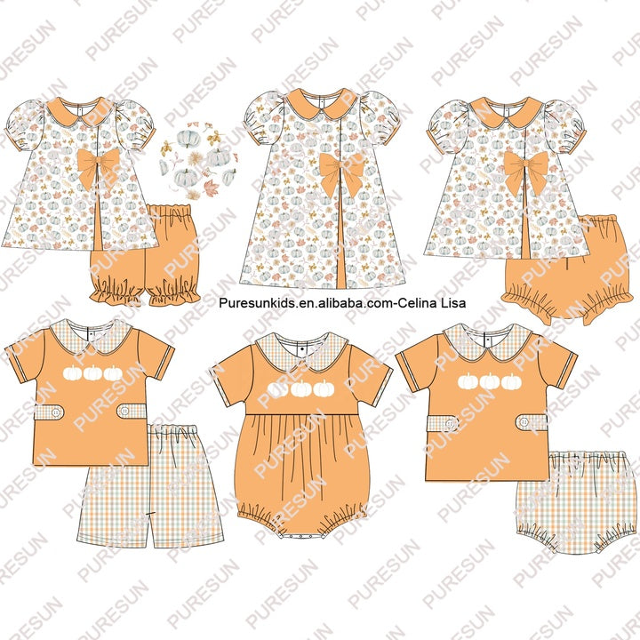 2024 Customized High Quality Fall Kids Clothes Peter Pan Collar Baby Girl Outfits Fall Pumpkin Girls Sibling Set