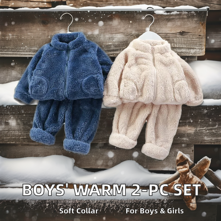 Autumn Winter 2-Piece Baby Clothing Sets Unisex Boys' Plush Warm Pajamas Solid Color Suit Zipper Closure Fashionable Children