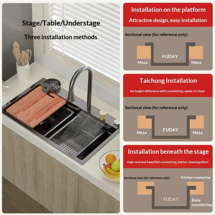 TikTok Trends Single-Hole Stainless Steel Pull-Down Kitchen Faucet Brass Valve Waterfall Style for Single Bowl Sinks