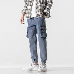 casual young style jeans pants for men middle waist slim pockets mens denim trousers 2021 fall casual streetwear