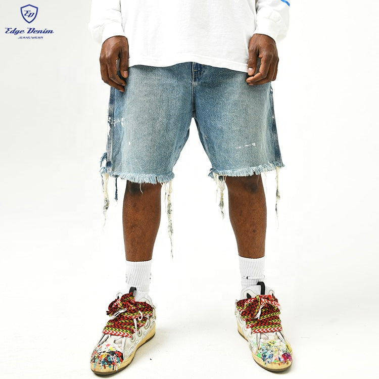 Edge Denim Custom Summer Paint Splatters High Quality Heavy Blue Patch Patchwork Work Jeans Shorts Men