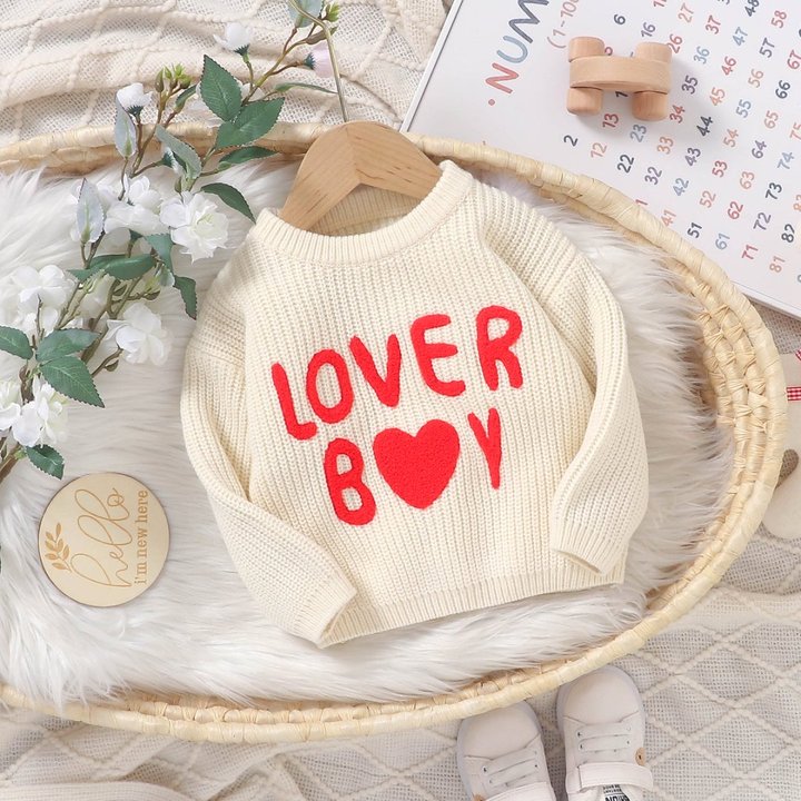 Newborn Baby Clothes Autumn and Winter New Cute Knitted LOVER BOY Pattern Top Baby Girl Round Neck Sweater