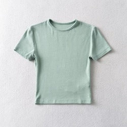 Round neck solid color short sleeve T-shirt summer style women's new tight crop top shirts