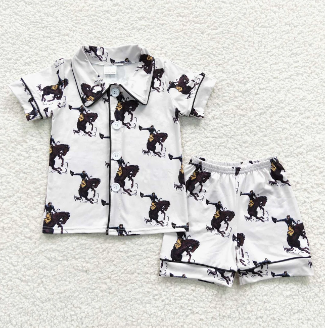Wholesale Summer Infant Baby Boys Pajama Sets Western Print Designs Button up Short Sleeves Shirt Elastic Shorts Outfit 0-16Y