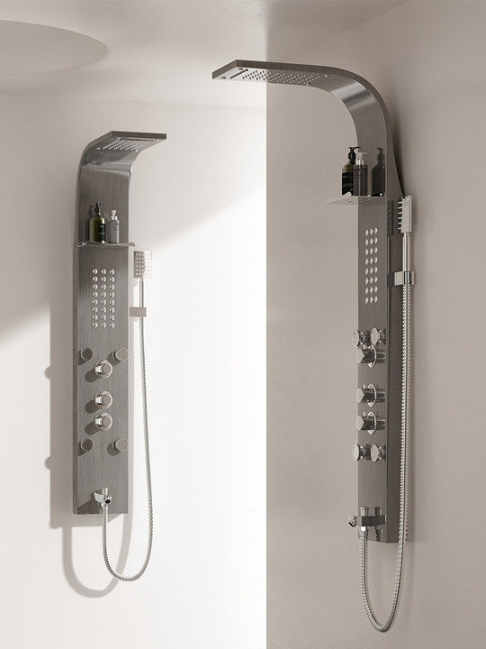 Multifunctional Matte Black Rainfall Shower Head Panel Tower System Set with Massage Body Jets Handheld Sprayer Shower Shelves