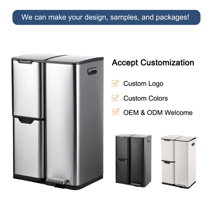 60L Triple 3 Compartment Stainless Recycling Bins with Pedal Press Button on Top Recycle Bin Eco-friendly Recycling Solution
