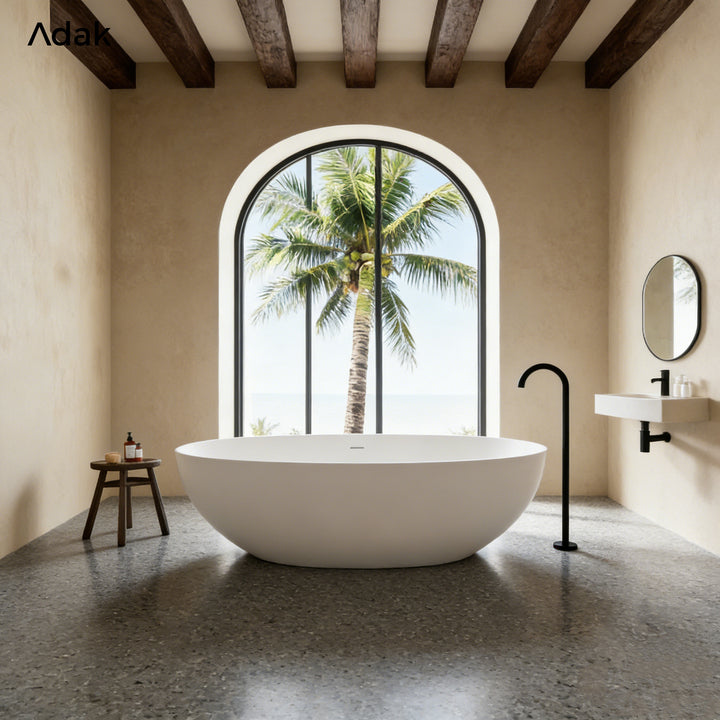 Solid Surface Portable Indoor Soaking Bathtub with Drainer Non-Slip Bottom Freestanding Oval Shape
