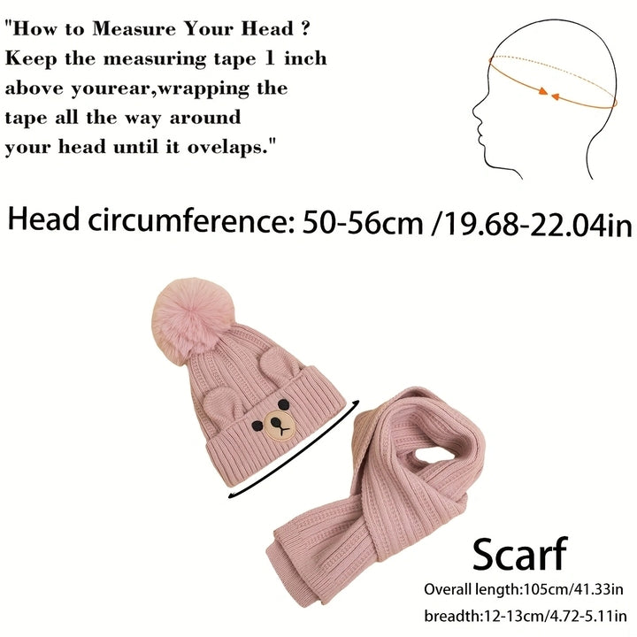 Best Sell Wholesale Winter Warm Little Bear Children's Acrylic Knitted Jacquard Hat Scarf With Fur Pom Pom for Children