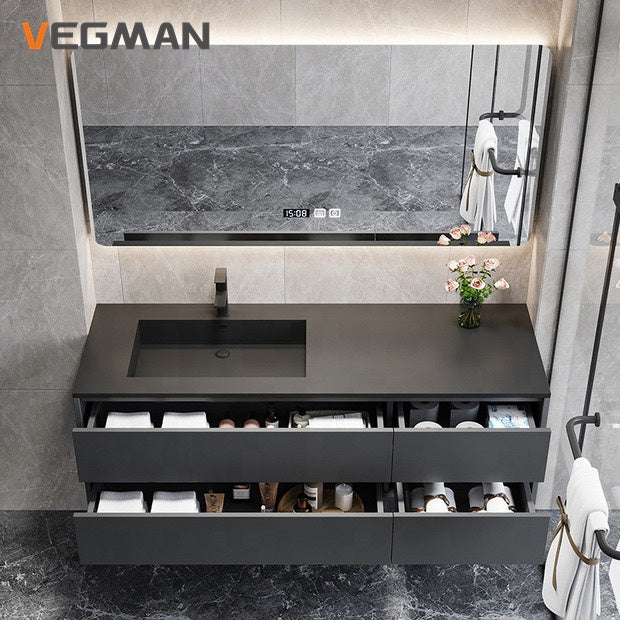 Hot Sale Handless Bathroom Vanities Dark Gray Melamine Customized Waterproof Single Sink Bathroom Cabinet