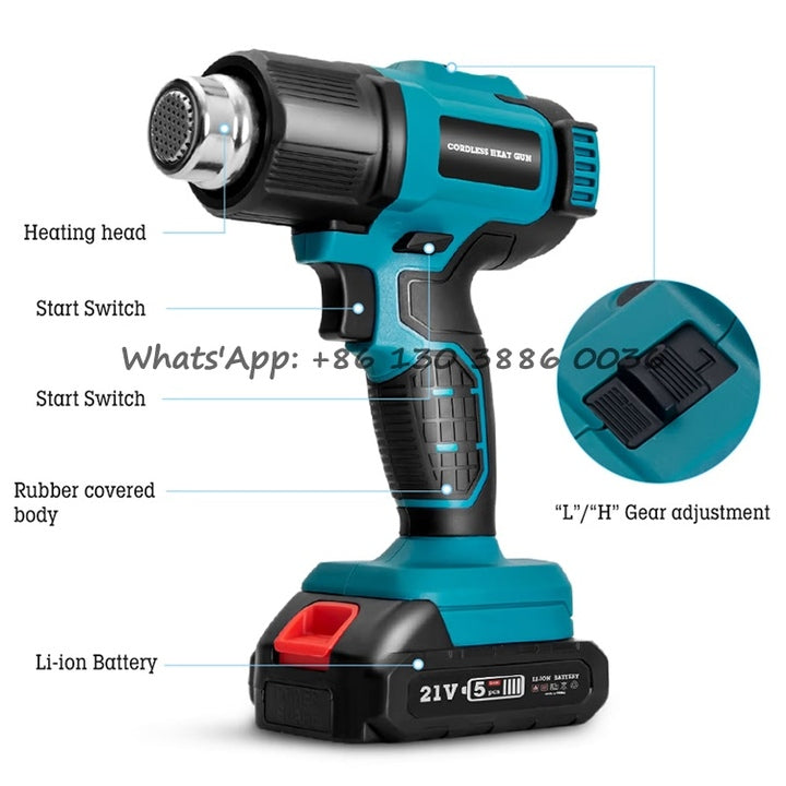 Industrial 21V Lithium Battery Temperature Adjustable Electric Heat Gun Cordless Hot Air Gun for Shrink Wrap and Welding