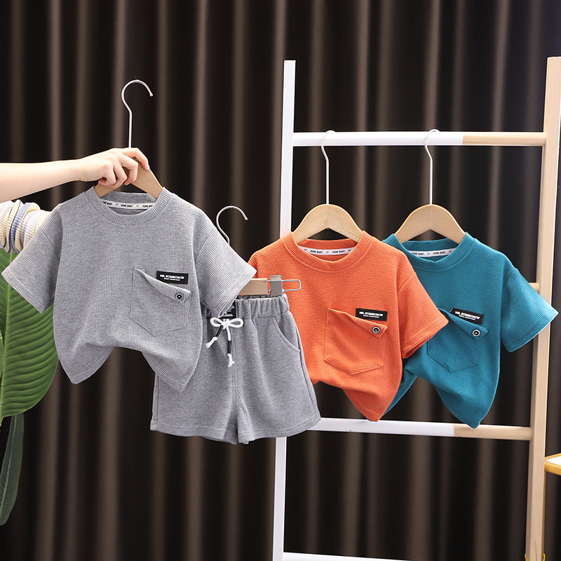 Online wholesale kids clothing summer short sleeves and pants two pieces suit children toddler boys casual outfits set