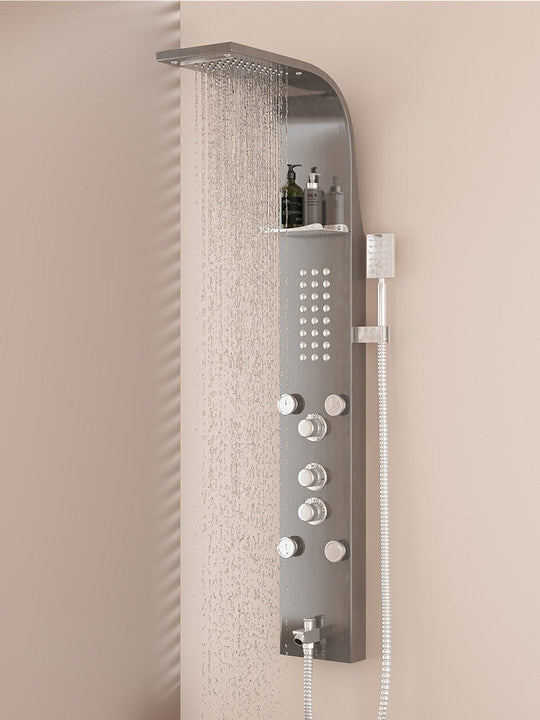 Multifunctional Matte Black Rainfall Shower Head Panel Tower System Set with Massage Body Jets Handheld Sprayer Shower Shelves