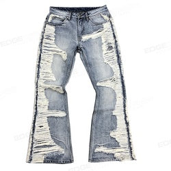 EDGE DENIM Custom jeans manufacturers design distress hole flare fit white blue flame flair jeans man Denim Men's Jeans Pants