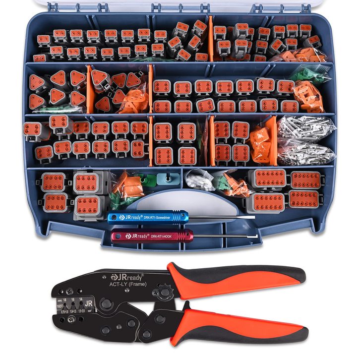 JRready ST6316 DT Deutsch Connector Kit, 2 3 4 6 8 12 Pin Connector Deutsch Crimp Tool (ACT-LY-16DT) Size 16 Stamped Contacts