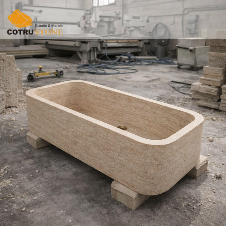 Cotrustone Customized Modern square Shape Stone Bathtub Travertine Bathtub Natural Stone Tub