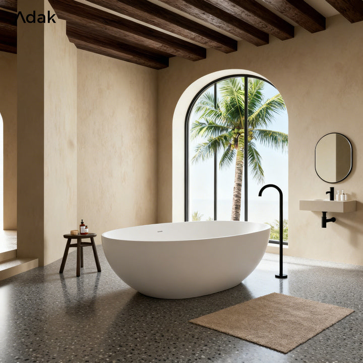 Solid Surface Portable Indoor Soaking Bathtub with Drainer Non-Slip Bottom Freestanding Oval Shape