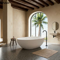 Solid Surface Portable Indoor Soaking Bathtub with Drainer Non-Slip Bottom Freestanding Oval Shape