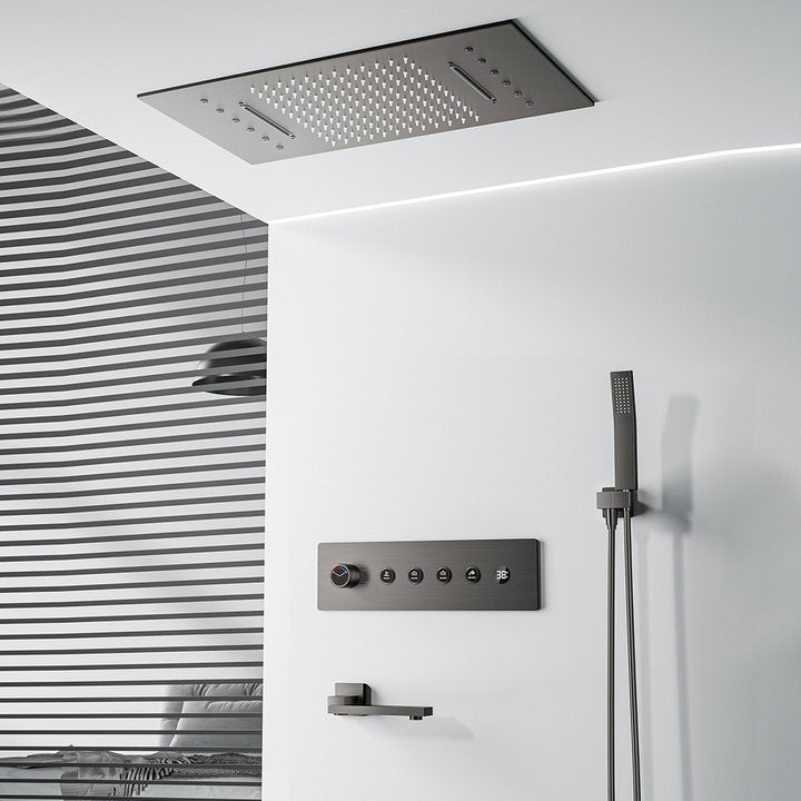 Thermostatic Bathroom Black Shower Set 4 Functions Rainfall Shower Head Led Ceiling Mounted Bath Shower Faucet System