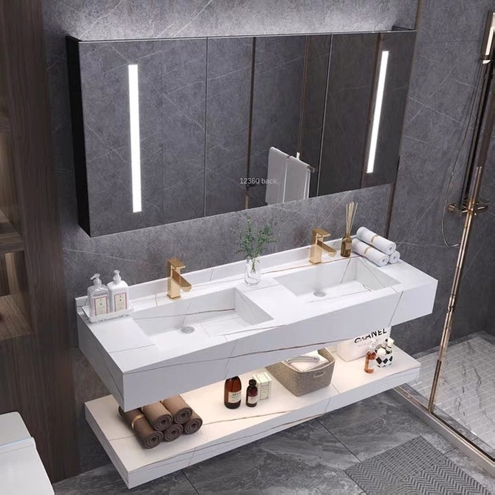 Nordic Modern Rock Board All-in-One Basin Bathroom Cabinet Copper Drainer Mirror Floor Standing Intelligent Light Luxury Design