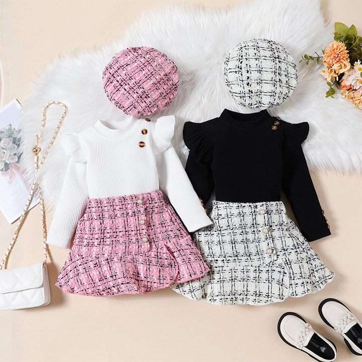 OEM ODM Autumn Winter Baby Infant Fashion Girl Clothing Long Sleeve Knit Sweater Woolen Skirt Hat 3Pcs Winter Clothes for Kids