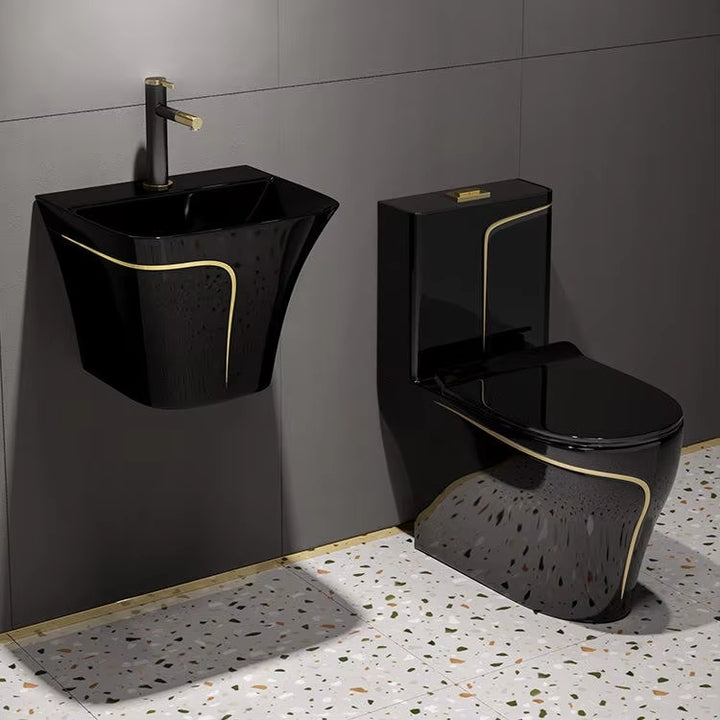 Ceramic Siphonic Elongated Toilet Set Floor Mounted Bathroom WC With Round Bowl for Home Hotel Colorful Modern Black One-Piece