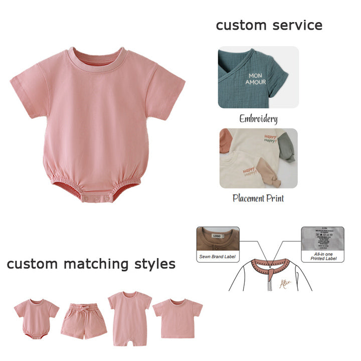 Wholesale Ready to Ship Summer Baby Wear Solid Short Sleeve Oversized Baby Girls Bubble Rompers