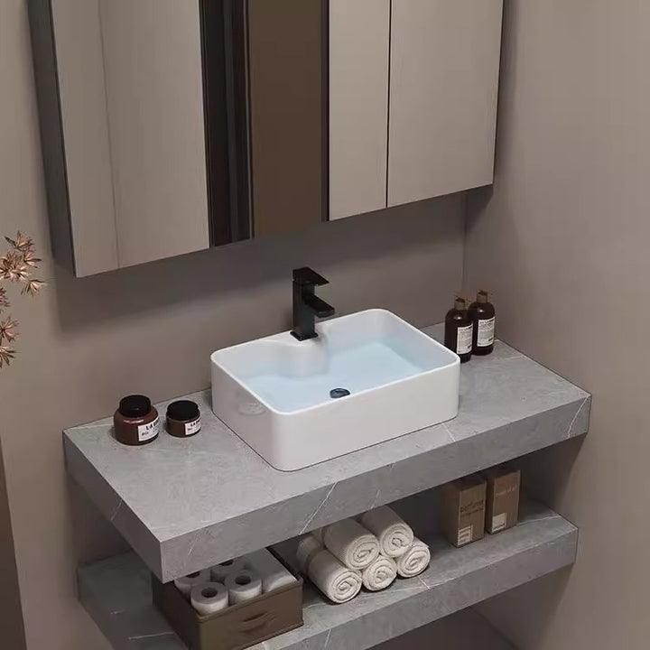 Modern Waterproof Floor Standing Marble Countertop Double-layer Ceramic Basin Intelligent LED Mirror Cabinet Bathroom