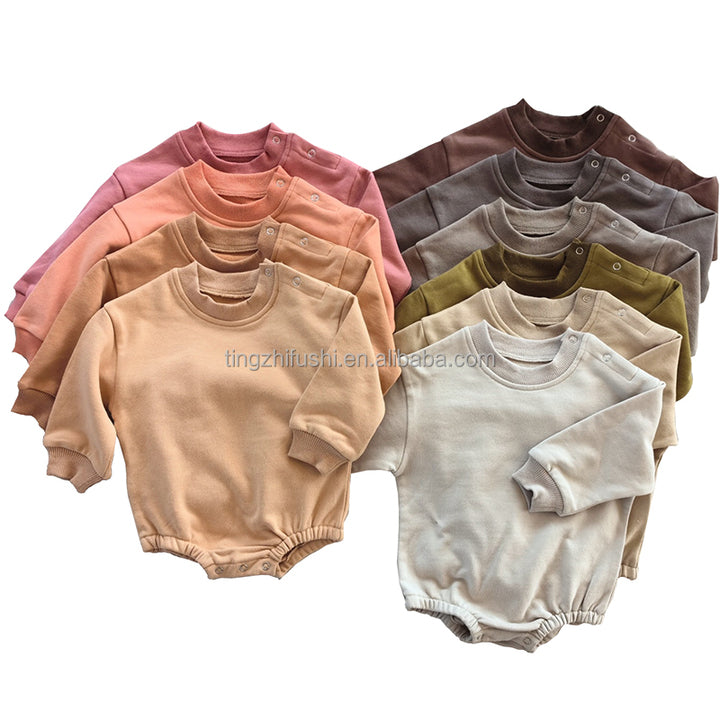 Hot Selling Winter Fall Sweatshirt Romper Newborn Kids Clothes Long Sleeve Solid Organic Cotton Boy Girl Baby Bubble Romper