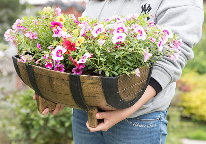 Style Garden Classic Home Garden Half Barrel Flower Pot Planter Antique Bronze Durable Plastic Painting Finish 41x30x18.5cm