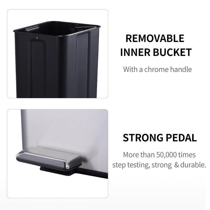 40L Rectangular Hands-Free Dual Compartment Recycling Kitchen Step Trash Can With Soft-Close Lid Brushed Stainless Steel