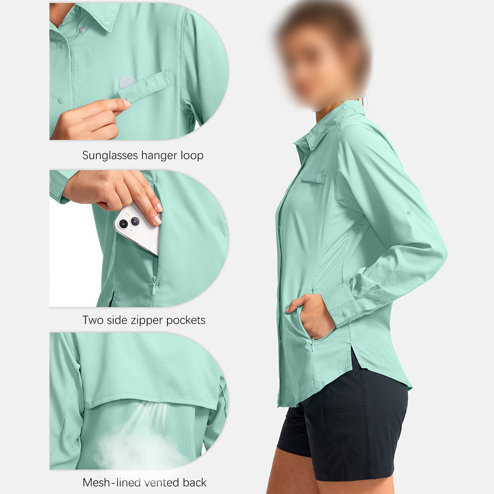 Custom Women Blank Spf 50 Uv Protection Royal Blue Fishing Shirts Australia Button Down Up Long Sleeve Polyester Fishing Shirts