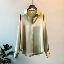Wholesale Autumn Spring Korea straight retro design women stain shirt solid color long sleeve causal lady's tops blouse shirt