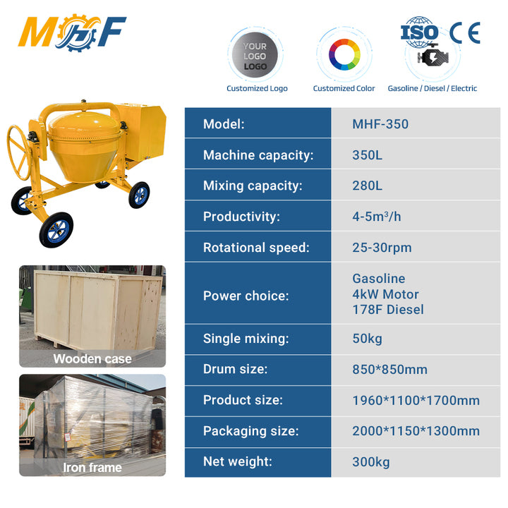 MHF Hot Sale 350L 4-Wheel Gasoline Powered Mobile Concrete Mixer for Construction Site