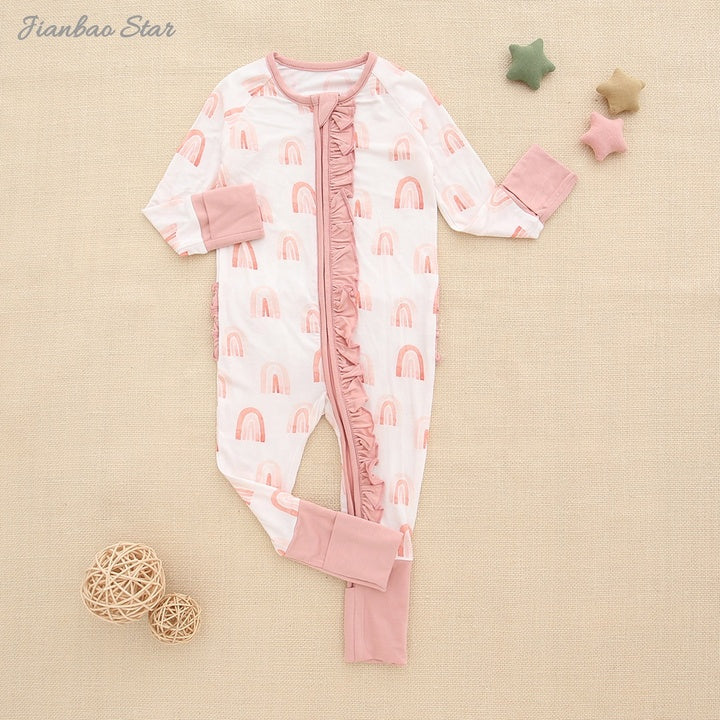 Long Sleeves Ruffle Style Newborn Baby Jumpsuit Two Way Zipper Bamboo Viscose & Spandex Romper Set Print Pattern Spring Summer