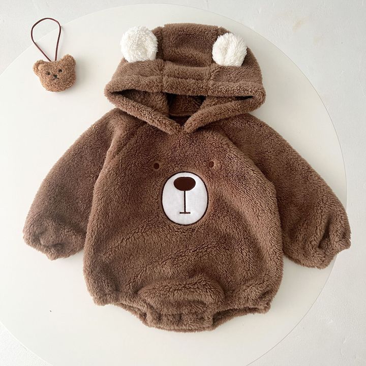 Ins Autumn Winter Newborn Toddler Bear Long Sleeve Thick Hooded Romper Outfits Baby Bodysuit