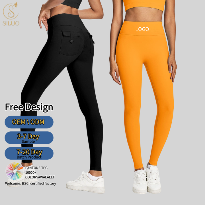 Custom Sportswear Eco-Friendly High Waist Yoga Pants Tummy Control Hip-lift Breathable Quick Dry Four-Way Stretch Solid Pocket