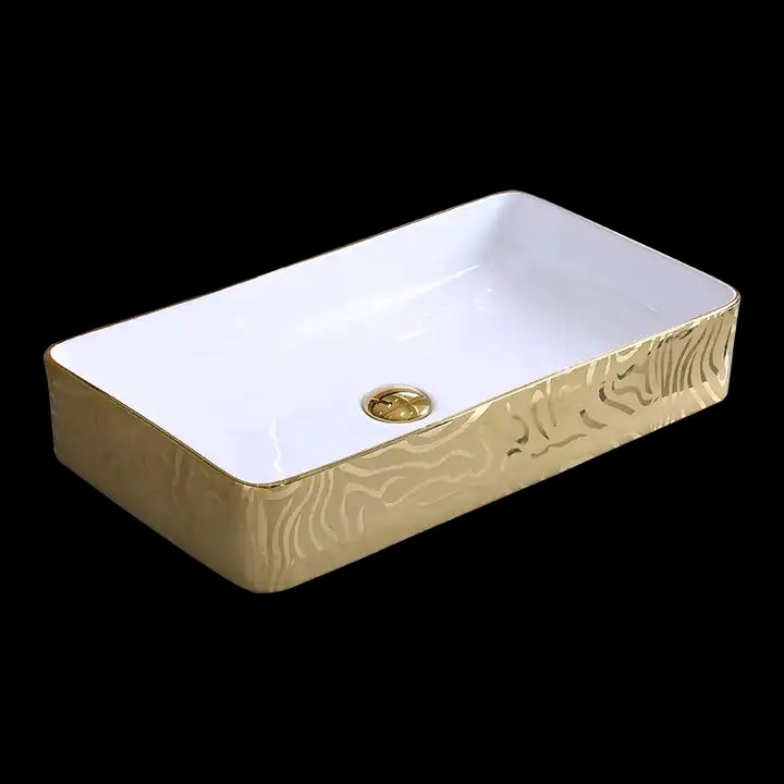 Modern Luxury Ceramic Glazed Hotel Use Commercial Grade Bathroom Hand Wash Basin Gold Trim Easy Clean Countertop Mounted Sink