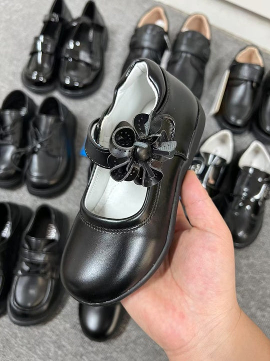 Children's Black School Shoes Soft Sole Single Shoes Boys Girls Leather Shoes Mixed Design Wholesale
