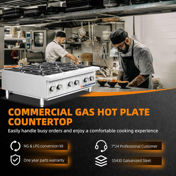 6 Burner Commercial Hot Plate 36" Countertop Gas Stove Stainless Steel Natural Gas Propane Conversion Kit Restaurant Kitchen