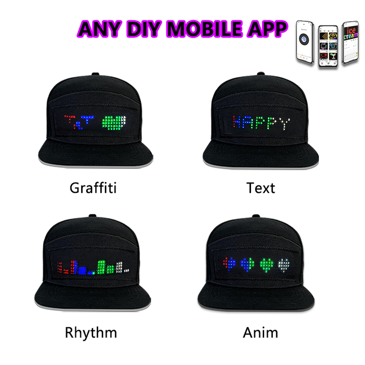 Factory Direct Sale Programmable LED Hat Mobile Phone APP Controlled Scrolling Text LED Caps