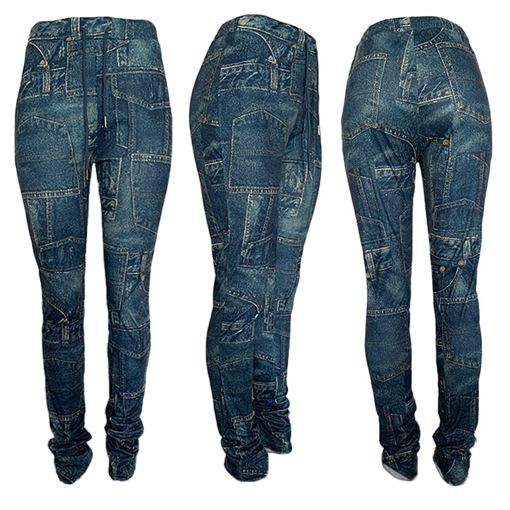 h3618 winter hot selling casual denim printing pocket patchwork drawstring waist stacked long pants
