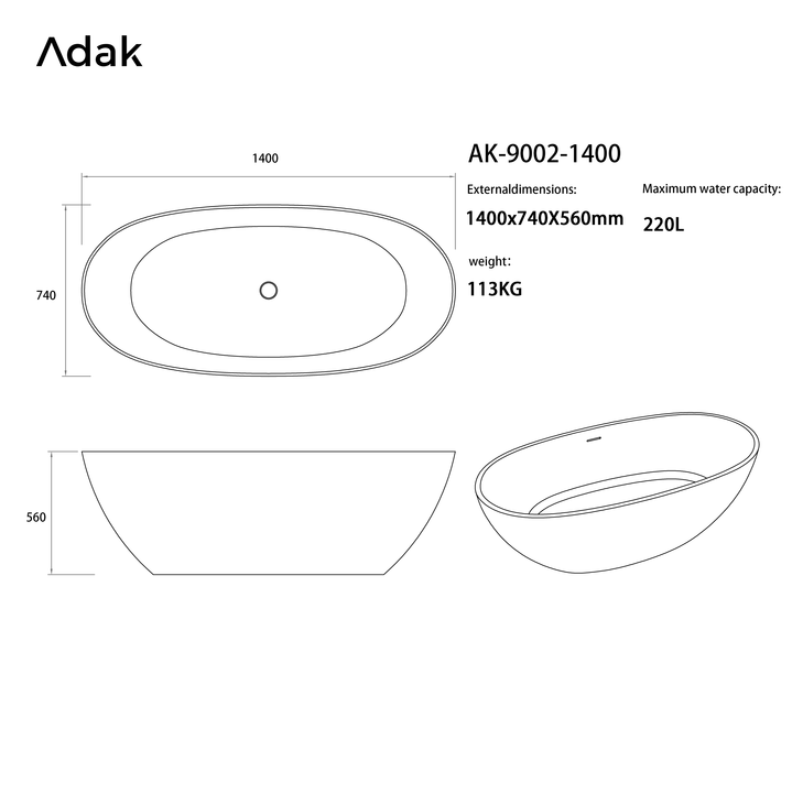 Solid Surface Portable Indoor Soaking Bathtub with Drainer Non-Slip Bottom Freestanding Oval Shape