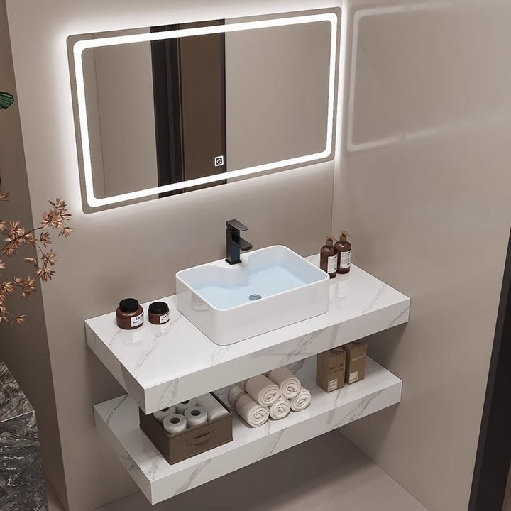Modern Waterproof Floor Standing Marble Countertop Double-layer Ceramic Basin Intelligent LED Mirror Cabinet Bathroom